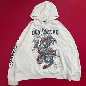 Ed Hardy Men XXL Dragon Graphic Hoodie Cream Off White Y2K Streetwear Sweatshirt